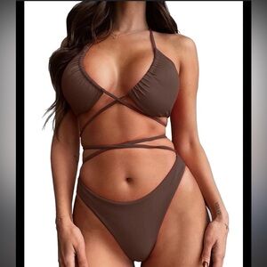 Shein Criss Cross High Cut Brown Strappy Bikini Set with thong bottoms